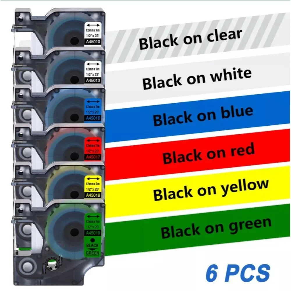6 pack - Assorted D1 Label Tape Cartridges, DYMO Label Makers Compatible, 1/2